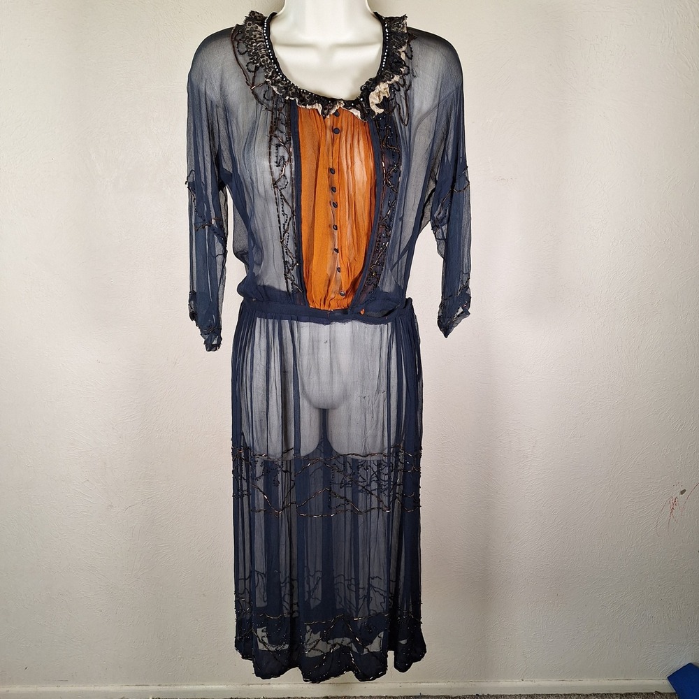Antique Vintage Chiffon Tea Dress Sheer Romantic Hollywood Ruffle Lace Beaded